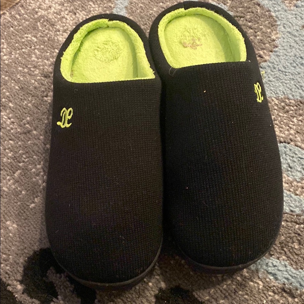 Men's Black and Green Slippers